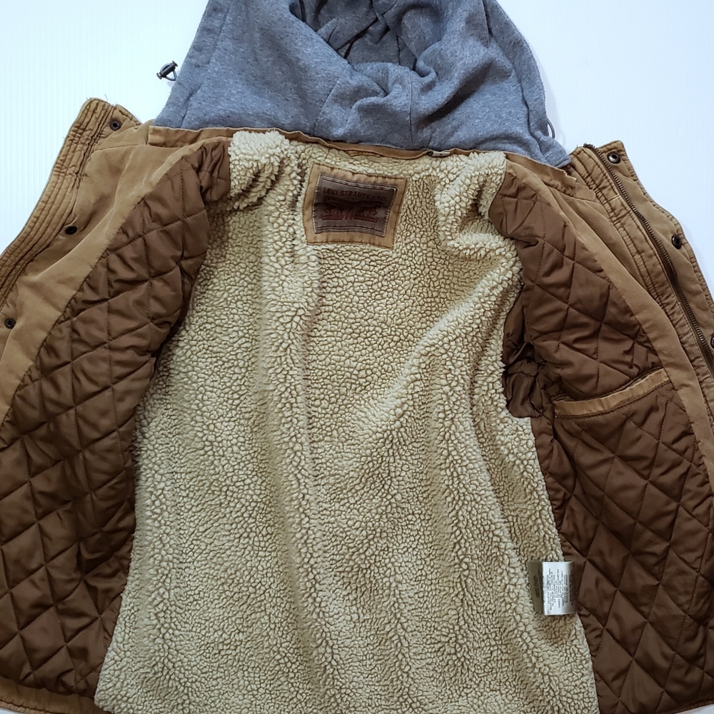Levi's Hooded Canvas And Sherpa Military Jacket Bomber Jacket Insulated Coat - Picture 3 of 8